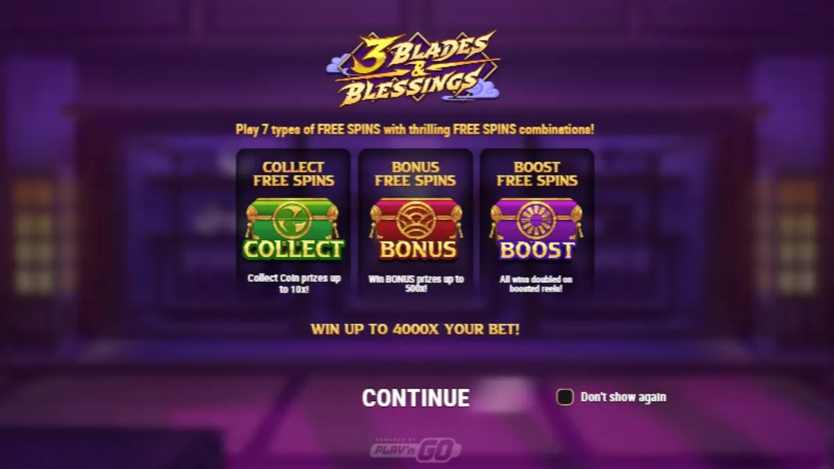 Tampilan antarmuka slot 3 Blades & Blessing pada perangkat seluler dengan tema ninja dan Jepang feodal.